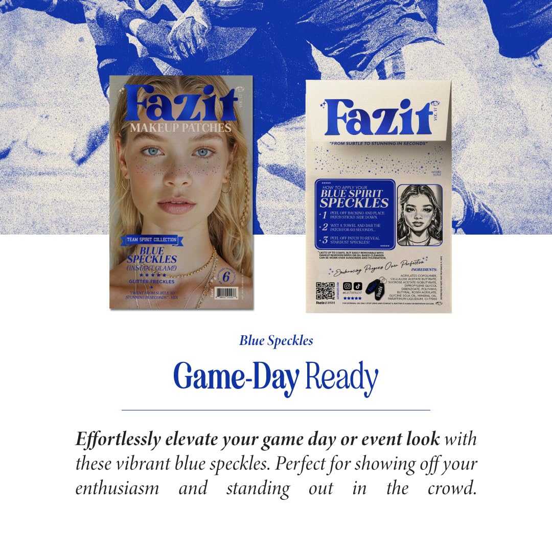 Fazit blue speckles patch detail emphasizes seamless integration with natural makeup