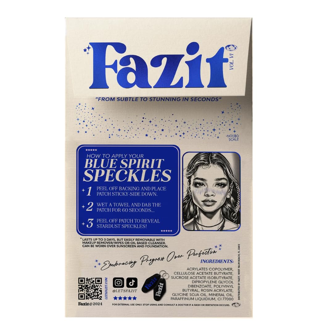 Fazit blue speckles patches application scene showing easy wet-apply process.