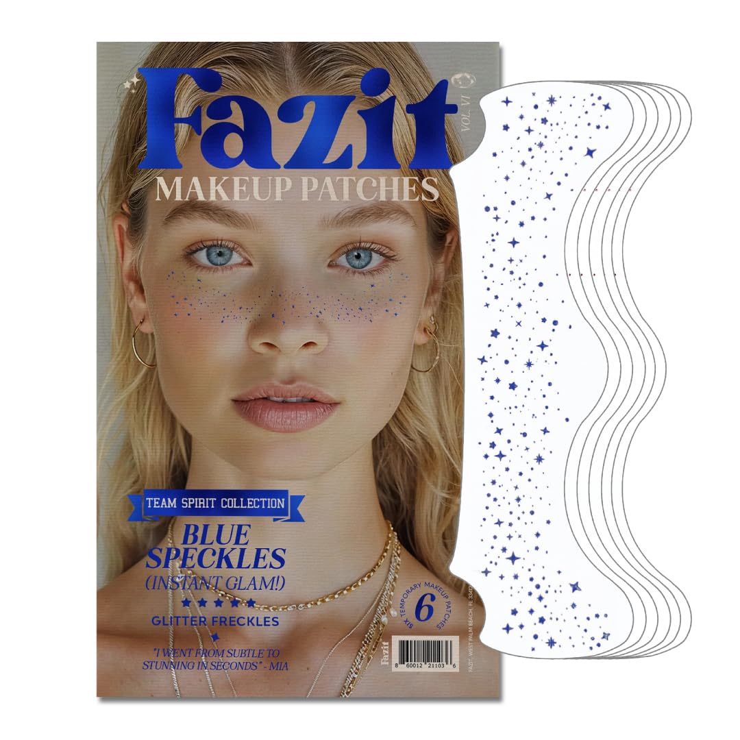 Fazit blue speckles patches closeup showing gentle glitter accents for the face.