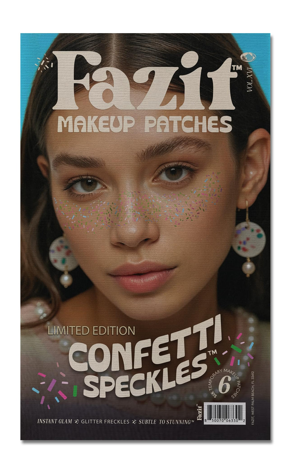 Fazit confetti speckle patches on skin adding glittery flair for a glam, long-lasting look