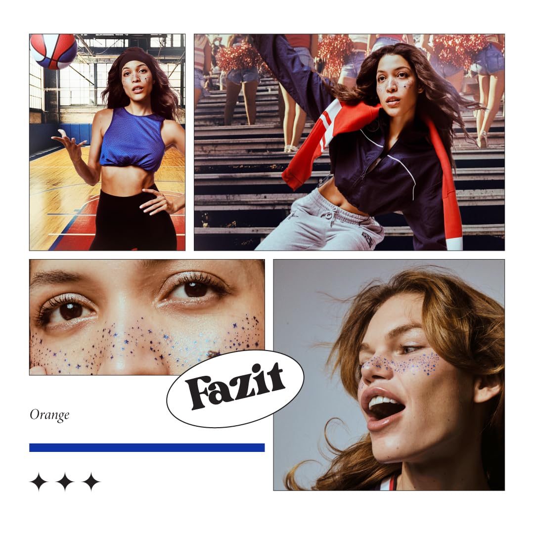 Fazit festival-ready blue speckles patches for bold party looks.