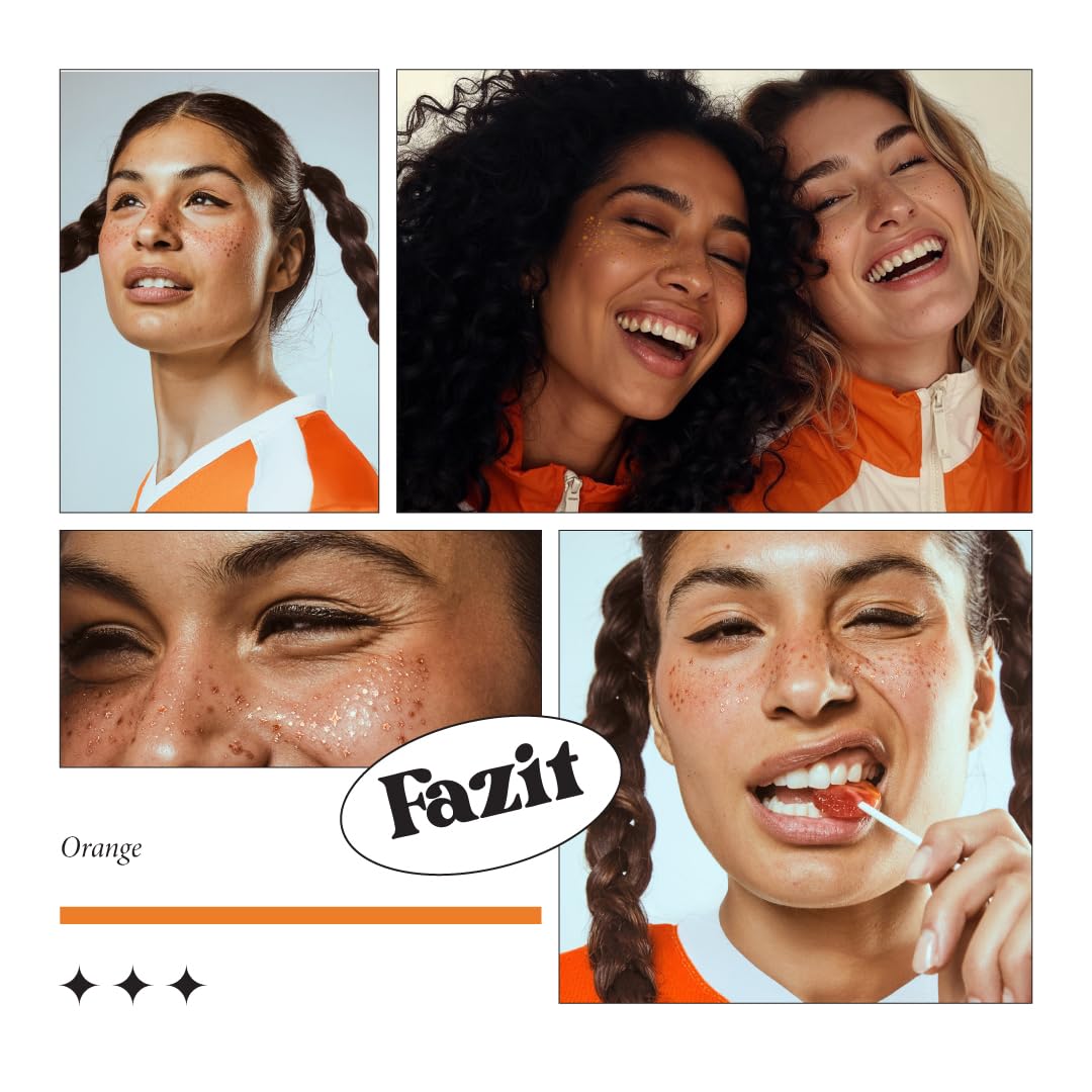 Fazit Makeup Patches party look showcases bold orange glitter for festive makeup.