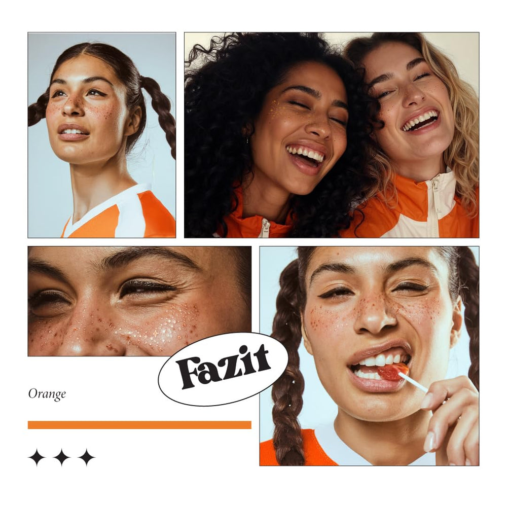 Fazit Makeup Patches party look showcases bold orange glitter for festive makeup.