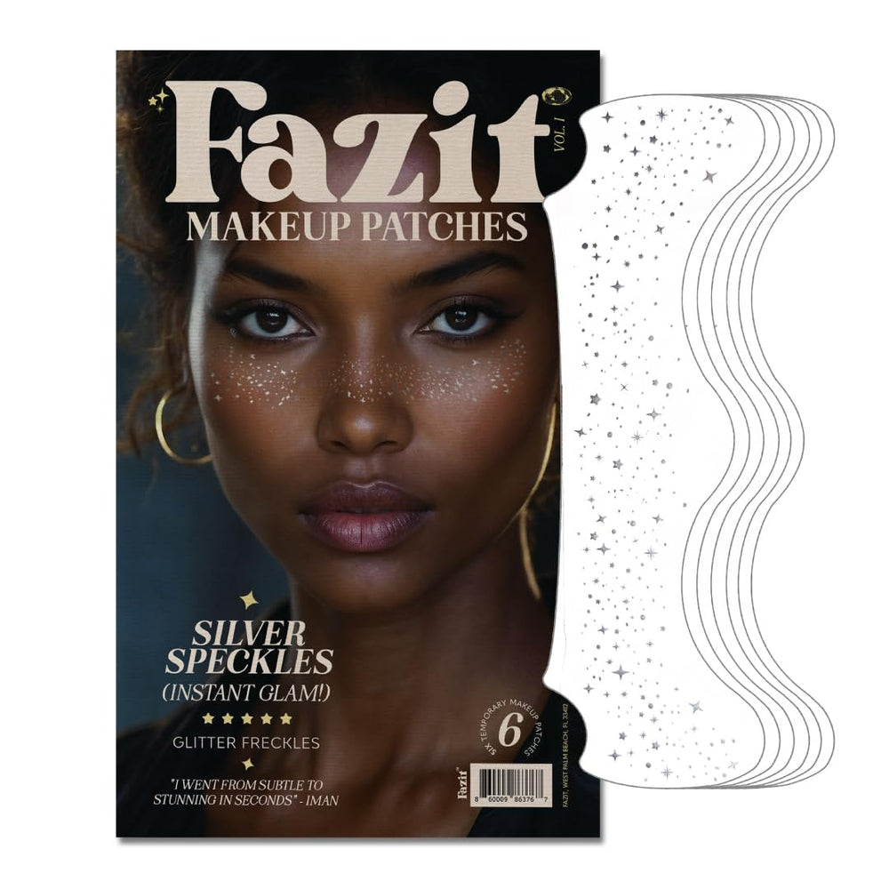 Fazit Makeup Patches Silver Speckles closeup shows shimmering speckles for radiant, party-ready skin