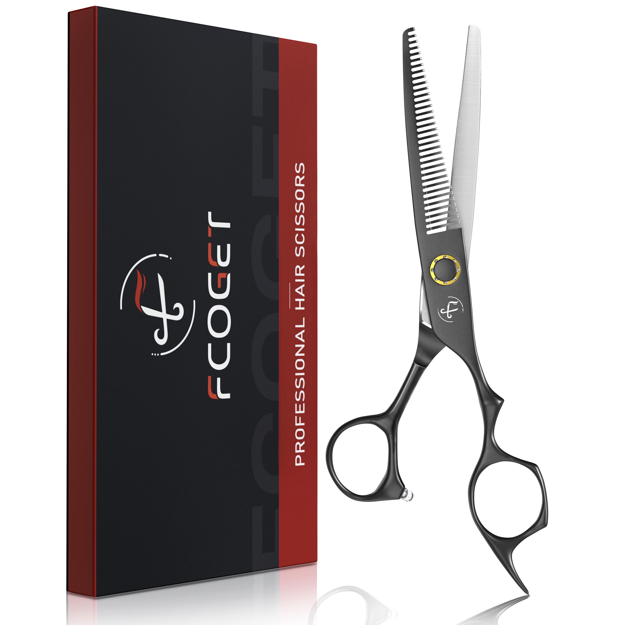 Fcoget professional thinning shears blade close-up shows ultra-sharp blades for precise cuts.