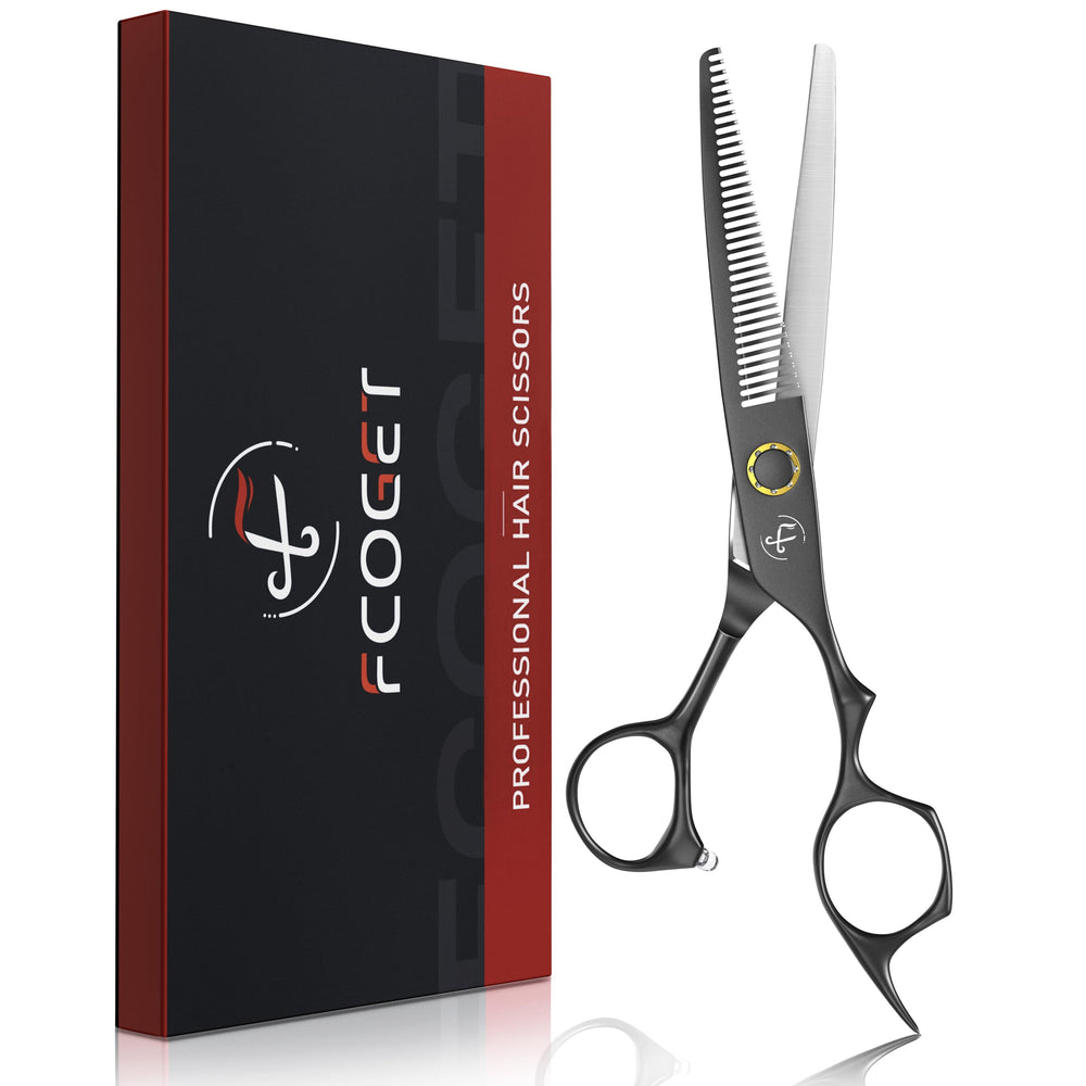 Fcoget professional thinning shears blade close-up shows ultra-sharp blades for precise cuts.
