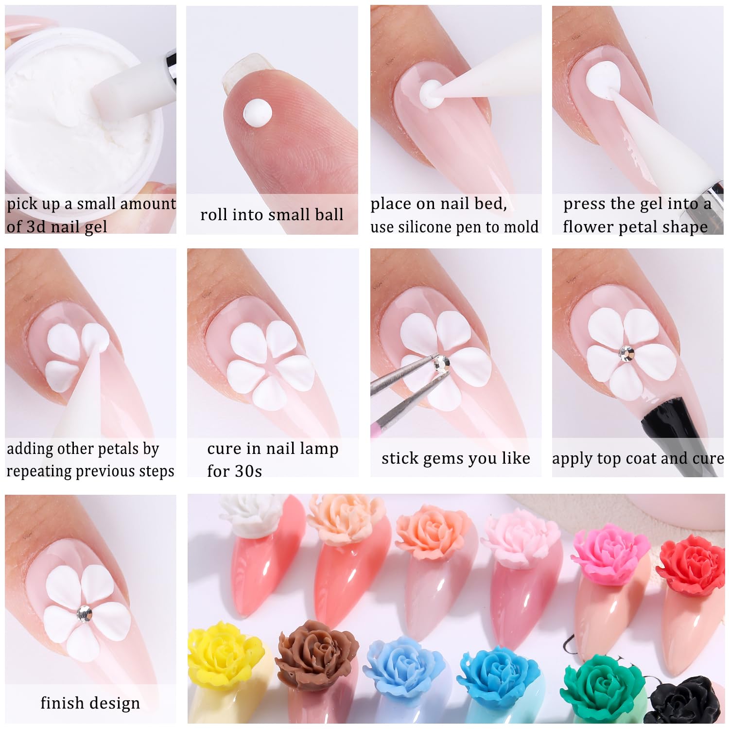 Fcozpjk 3D nail-art flower design demo showcases realistic petals.