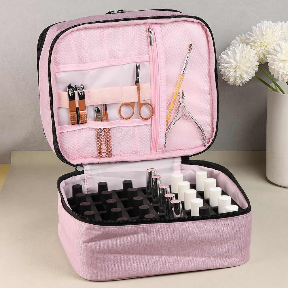Fcozpjk Nail Polish Organizer Case inside layers shows dual storage for polishes and tools.