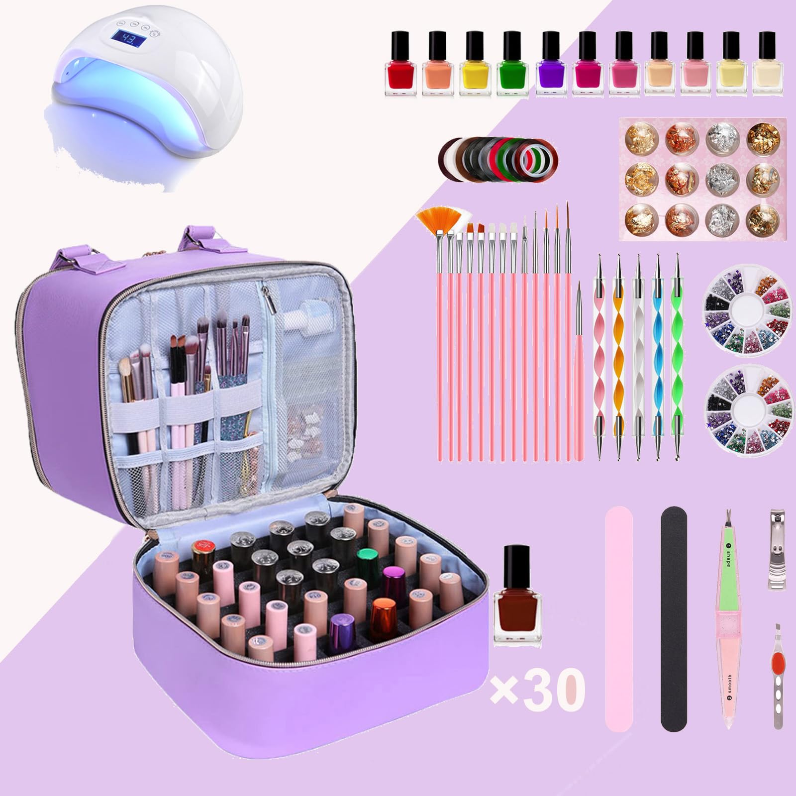 FCQQYWZ nail polish organizer bag side angle highlights double-layer storage for 30+ bottles.