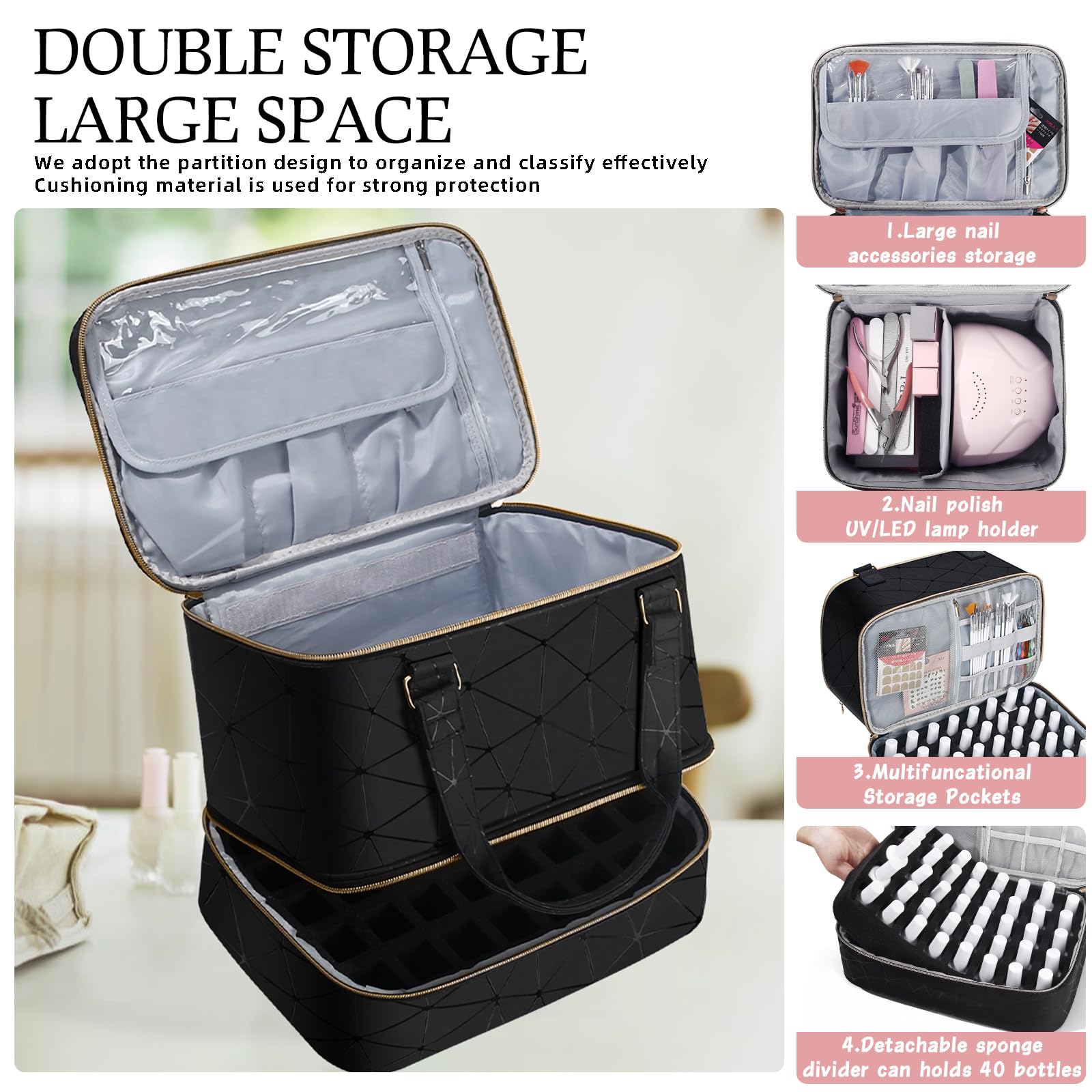 FCQQYWZ upper compartment fits nail lamp and small tools for quick setup.