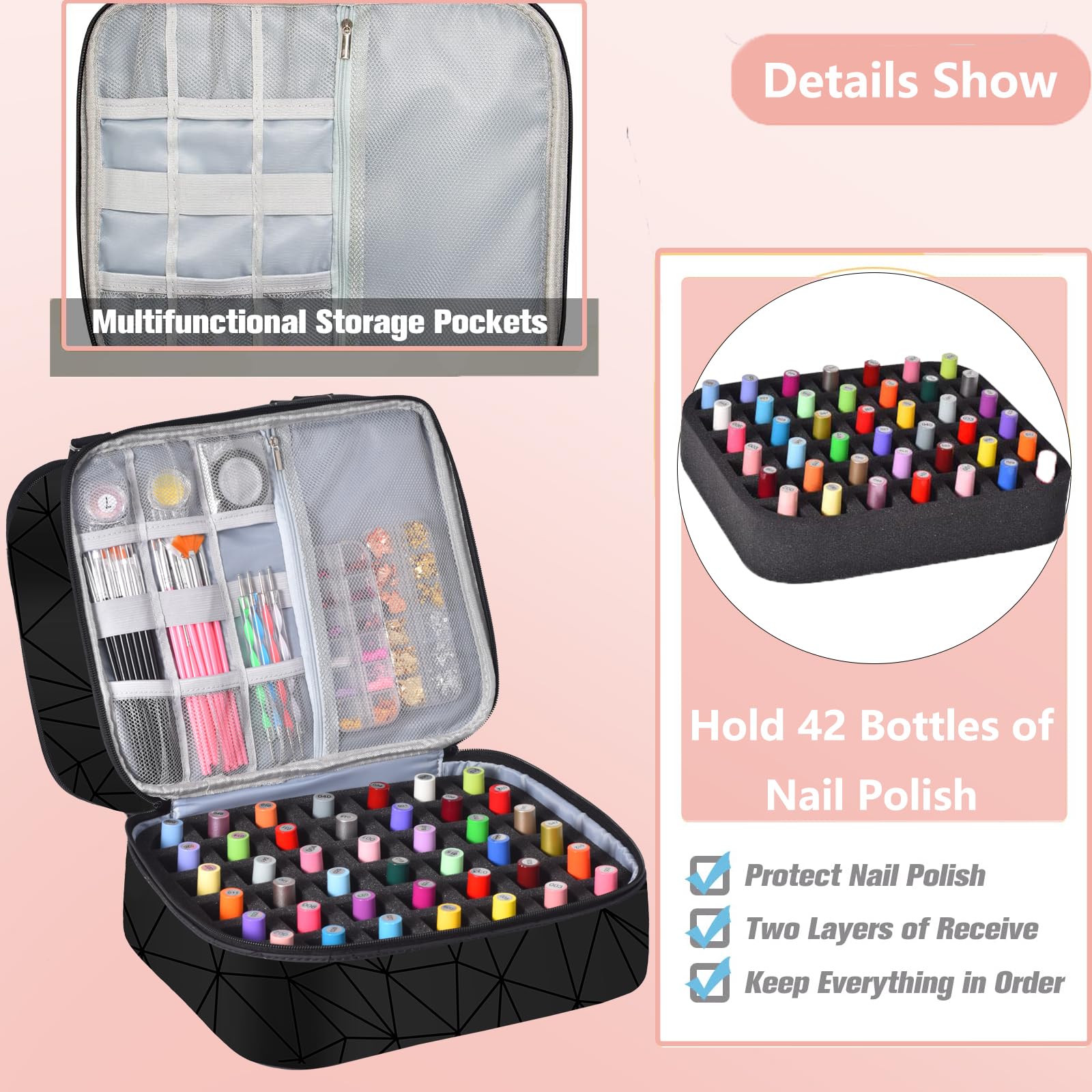 FCQQYWZ nail polish organizer lower layer shows 42+ bottle storage capacity.