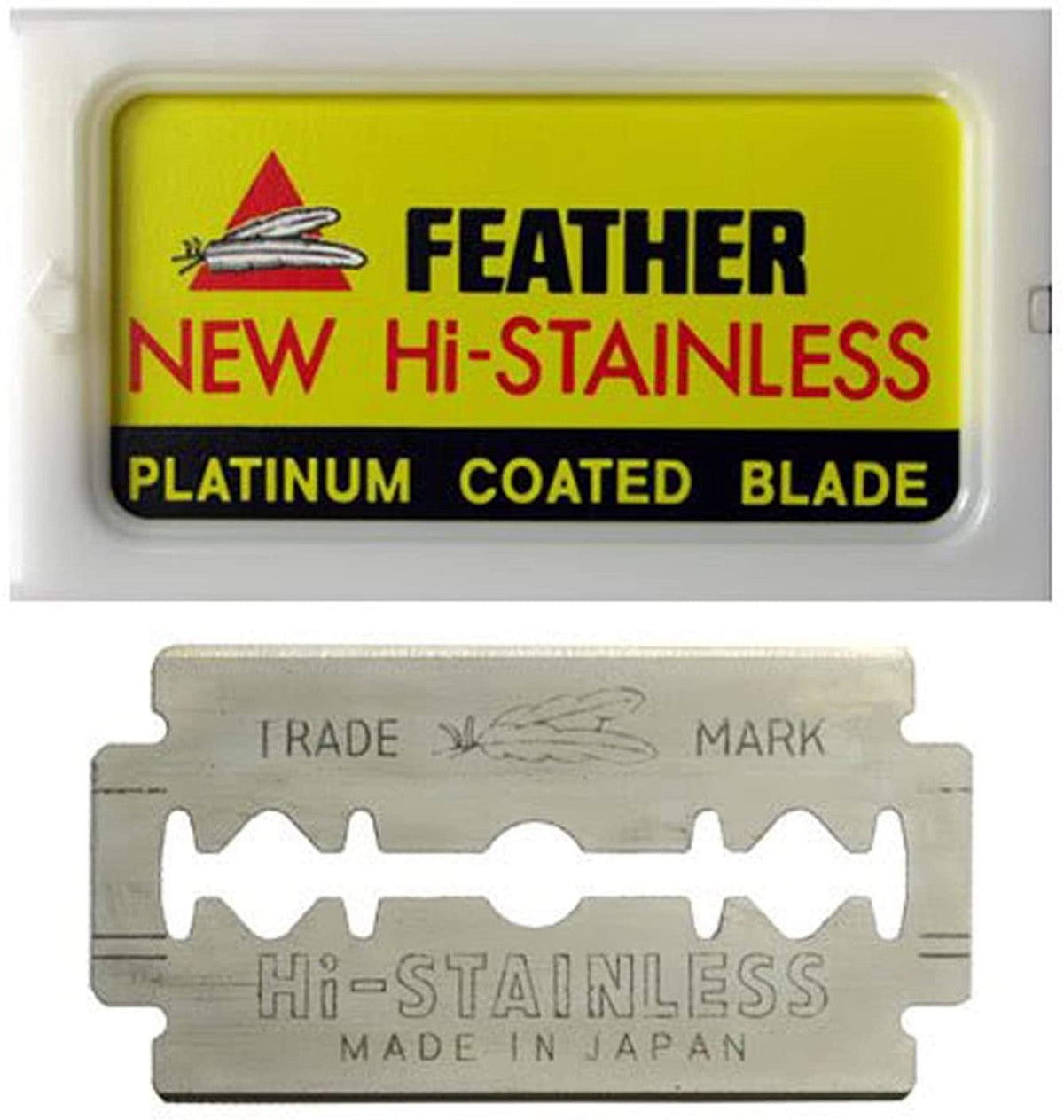 Feather double-edge blades close-up with platinum coating for sharp, smooth shaves.