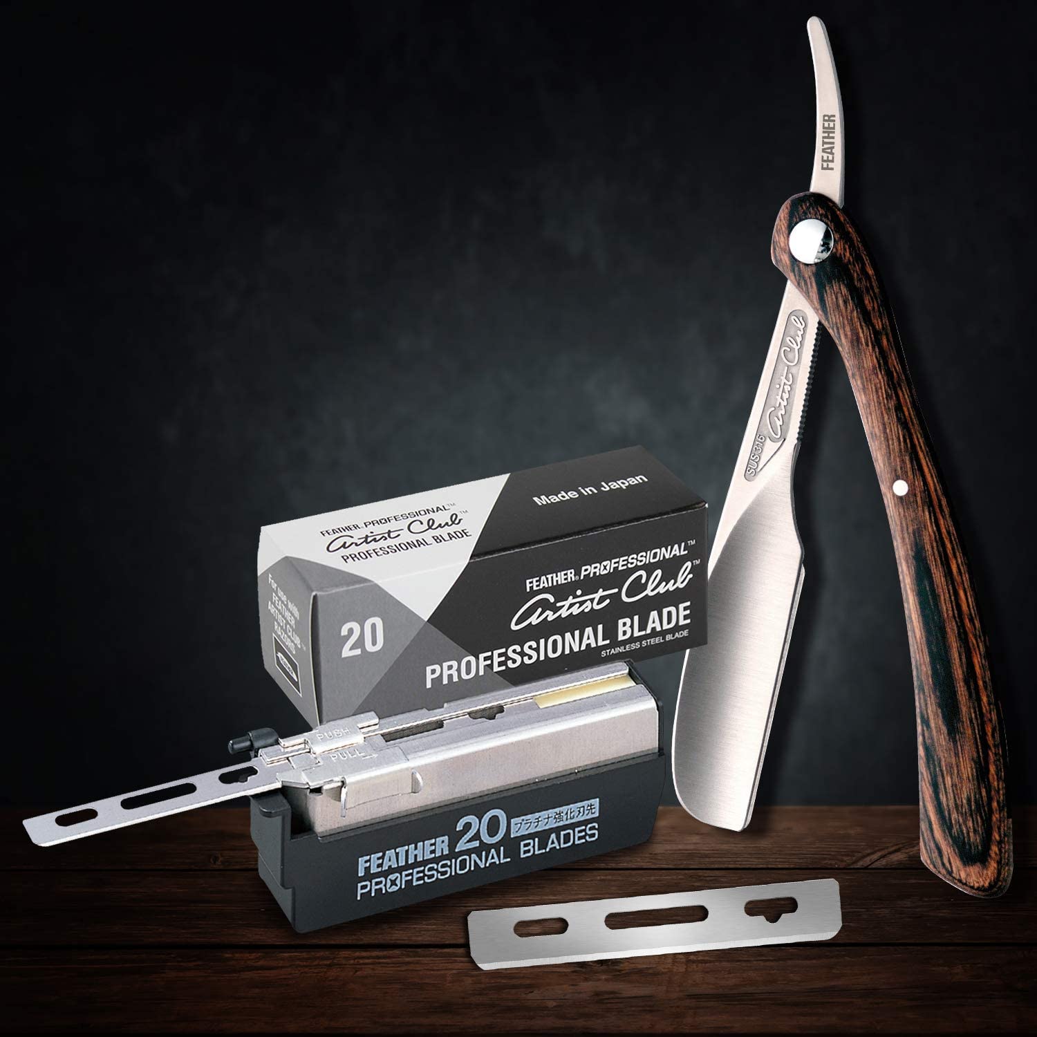 Feather professional barber setup with Artist Club razor ready for precise outlines