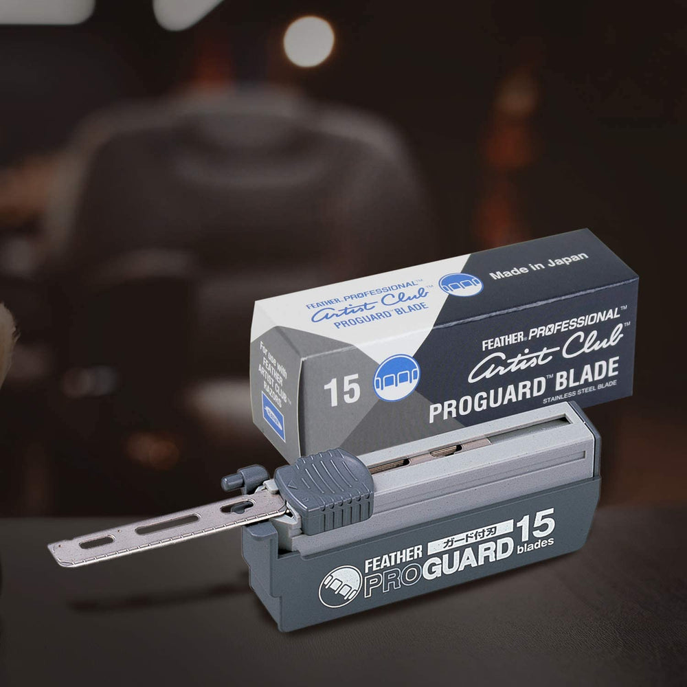 Feather ProGuard 45-blades dispenser emphasizes easy, sanitary blade changes for barbers.
