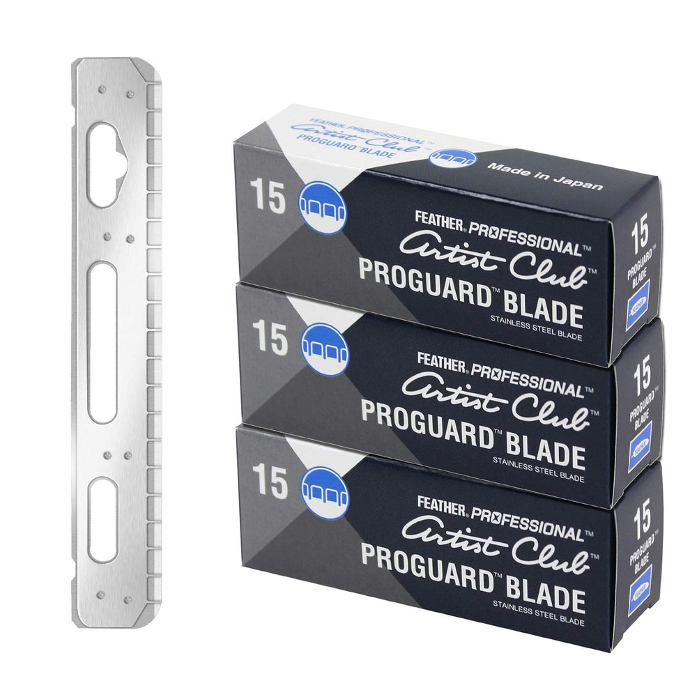 Feather ProGuard pack-shot highlights guarded blades for safer, precise shaving.