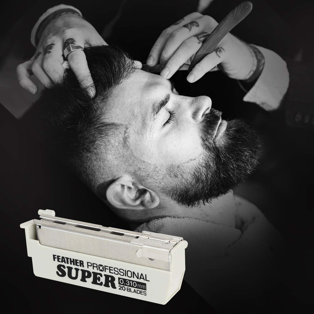 Feather ProSuper blade close shave for dense beards and coarse hair.