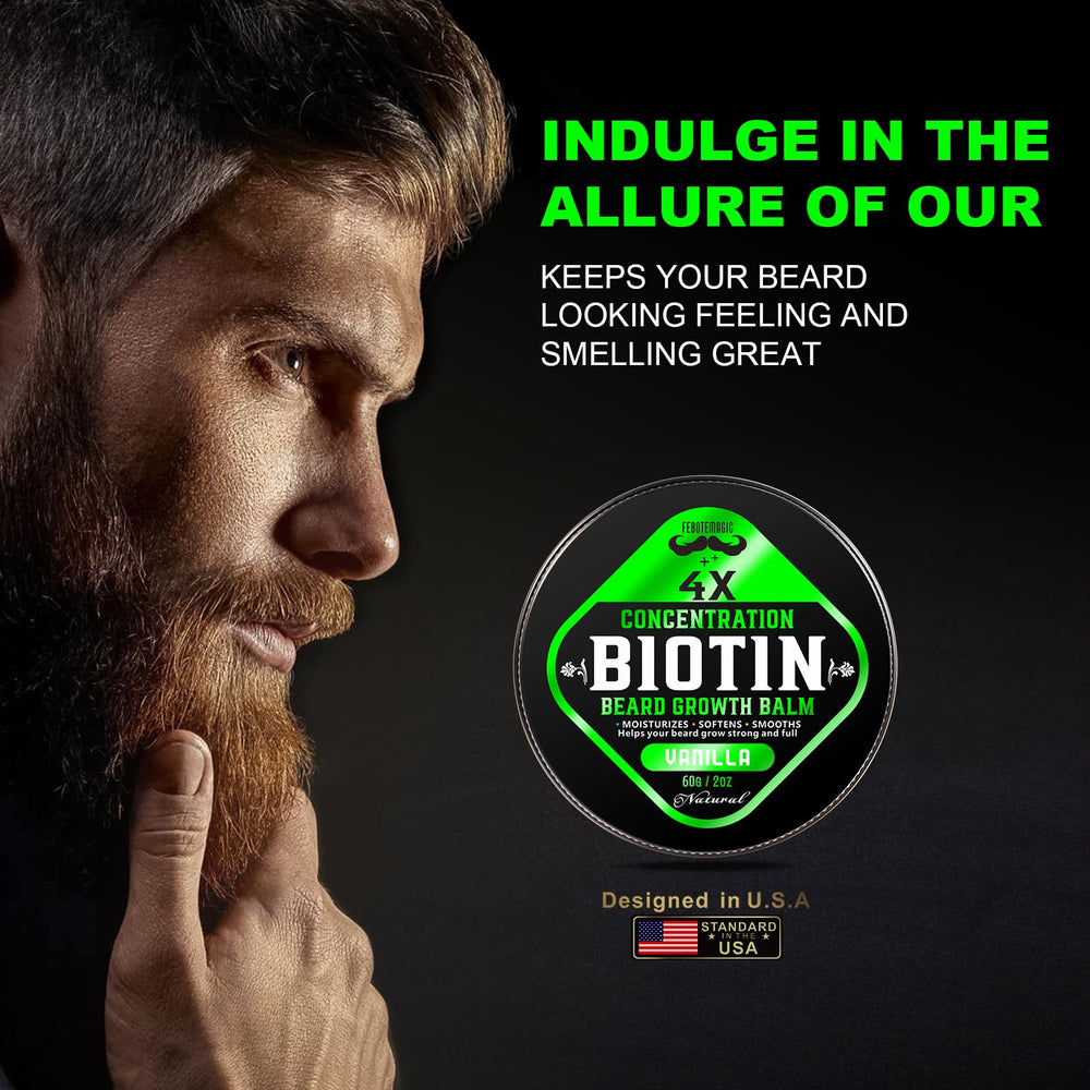 Vanilla-scented FEBOTE beard balm enhances your morning grooming ritual.