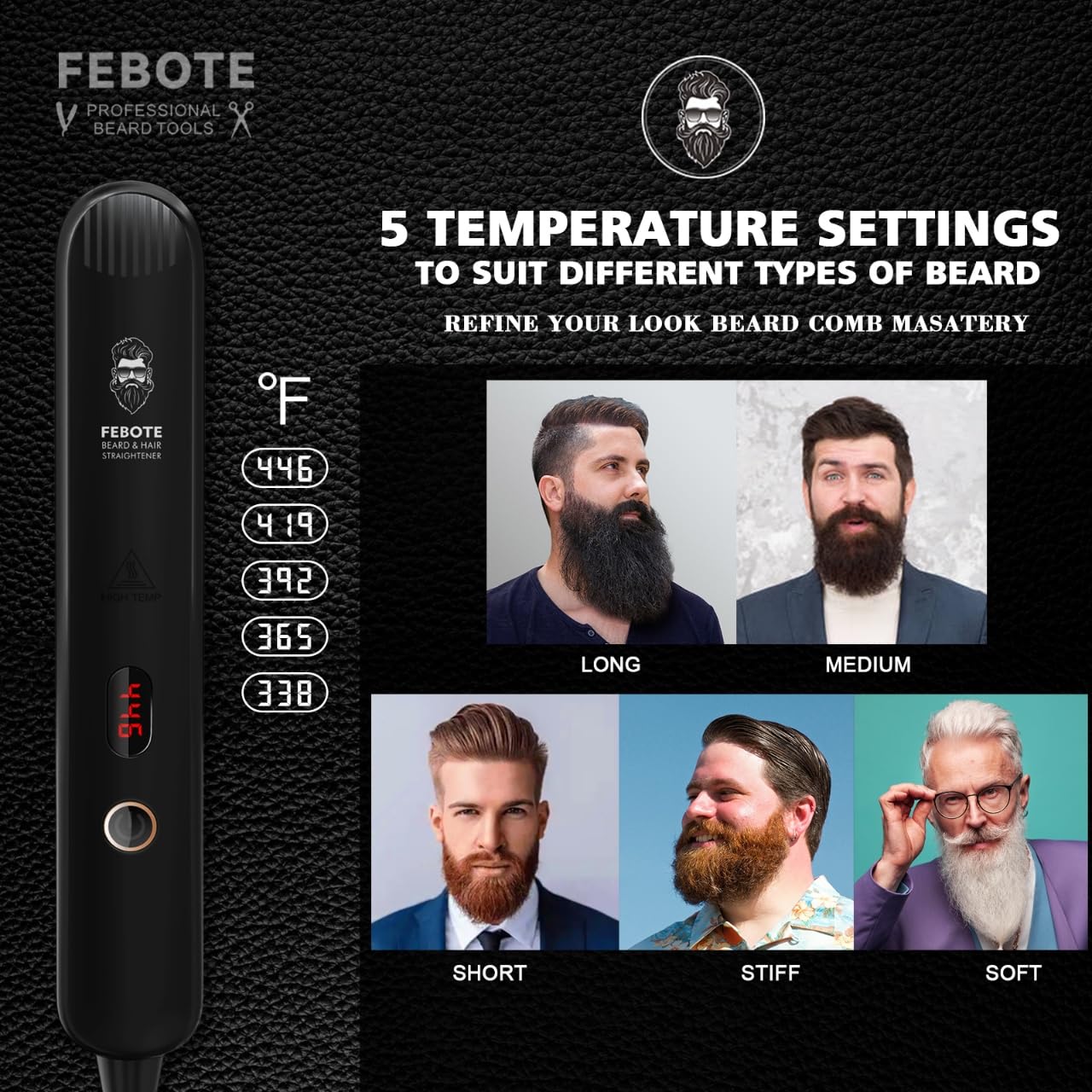FEBOTE beard styling comb in use for detangling and shaping