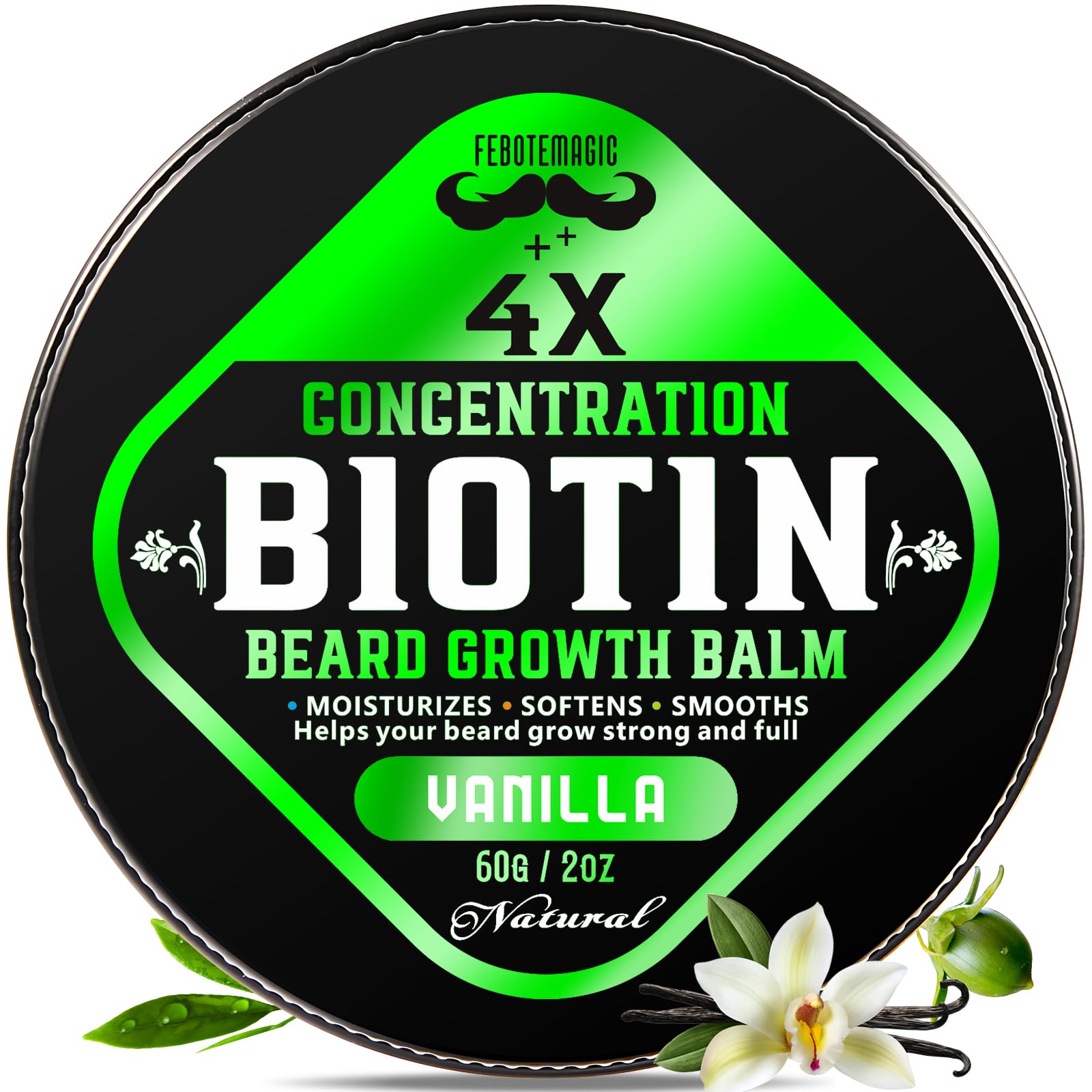 FEBOTE Biotin Beard Balm vanilla tin close-up shows nourishing formula for a fuller look.