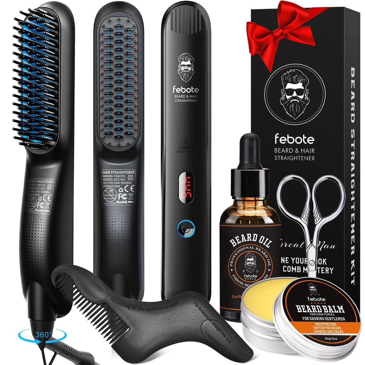 FEBOTE heated beard straightener brush for smooth, controlled beard styling.