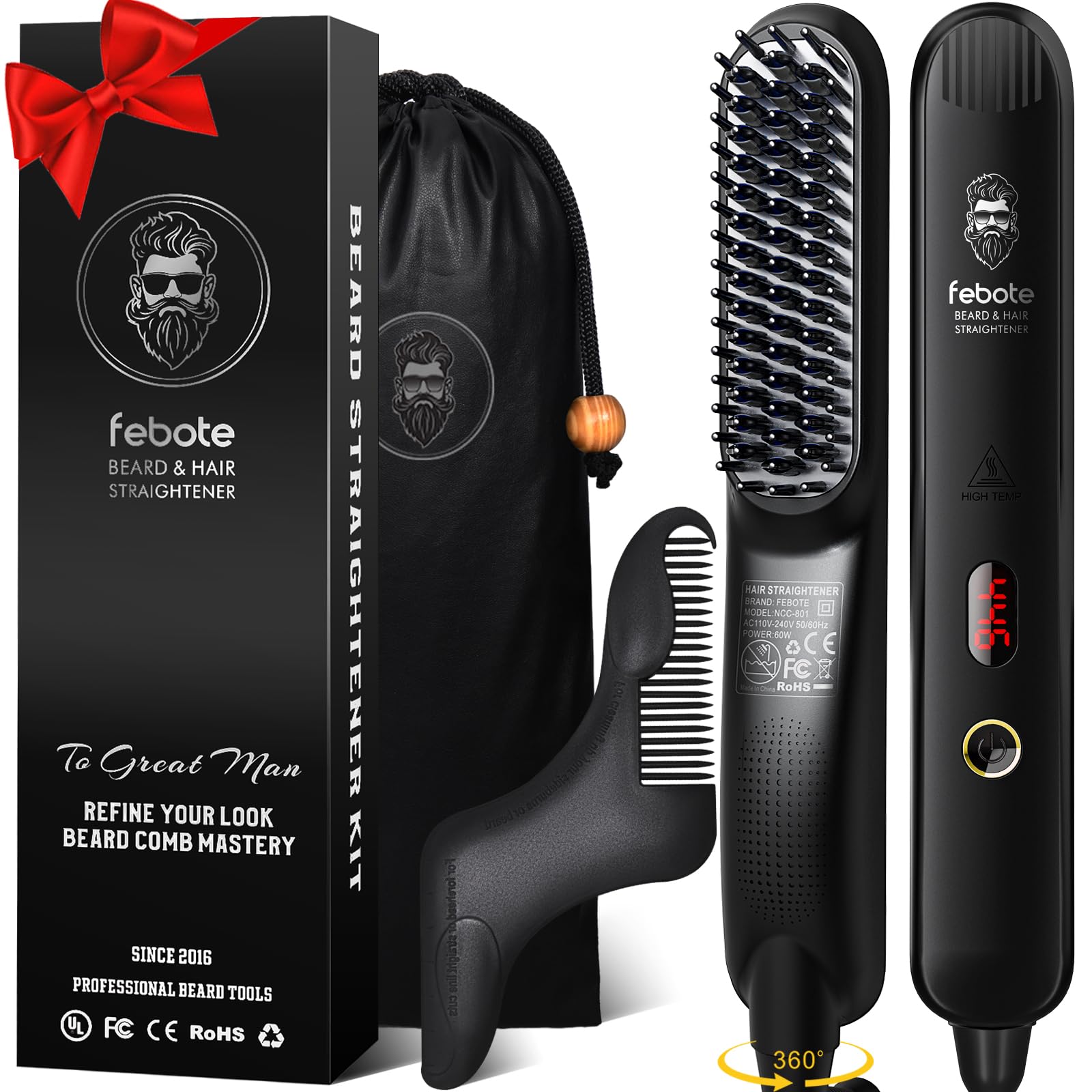 FEBOTE heated ionic brush front view for fast, smooth beard grooming.