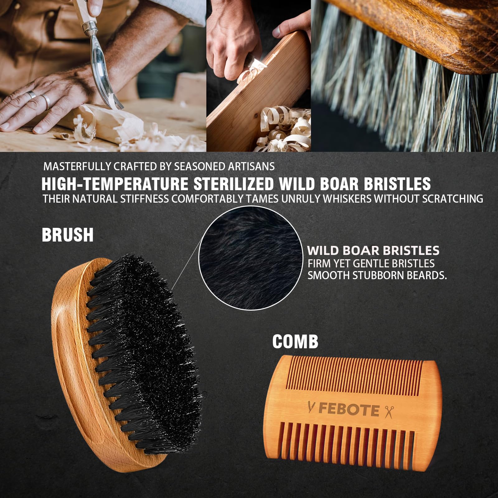 FEBOTE natural boar bristle brush distributes oils and lifts beard fibers.