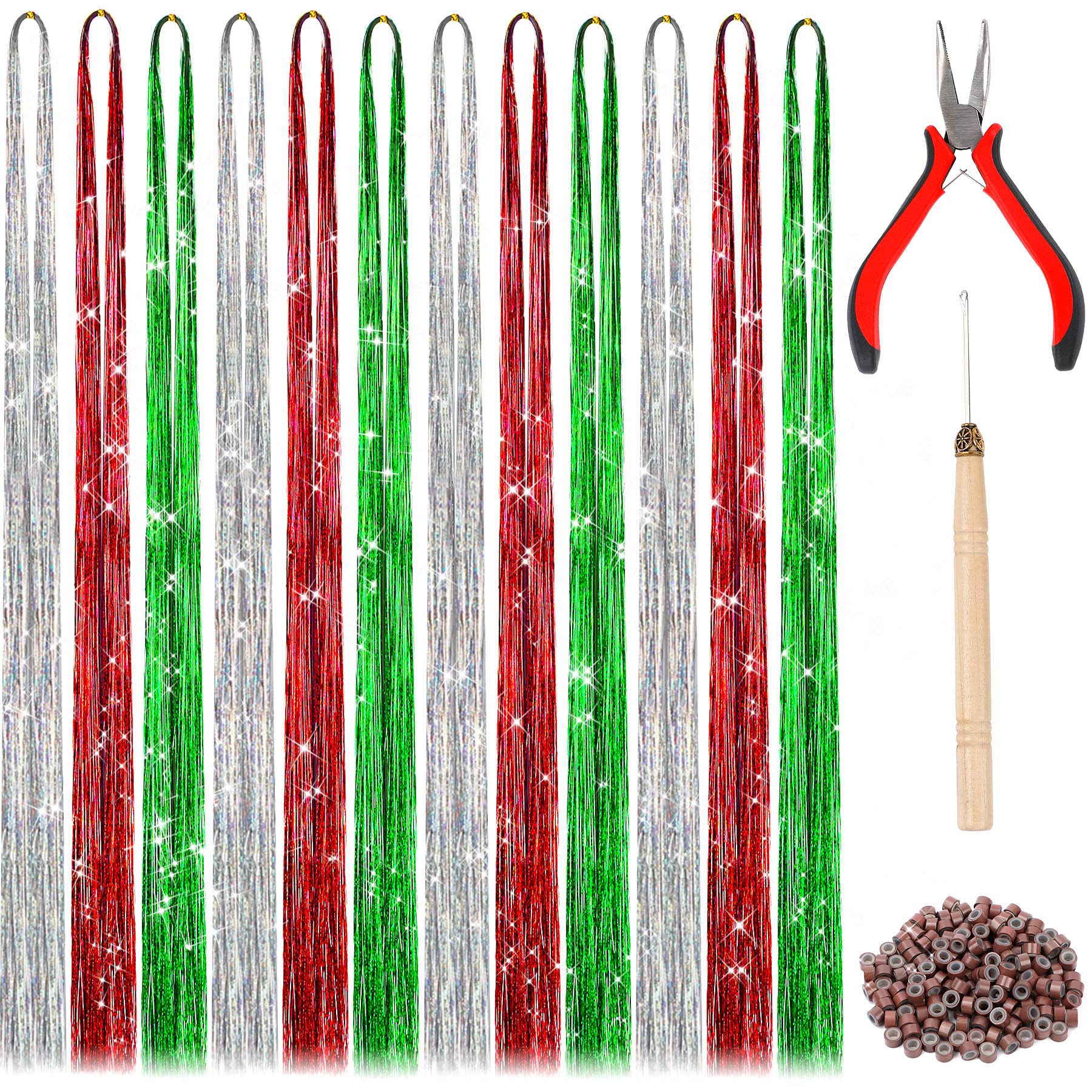 FEBSNOW 47-inch tinsel hair extensions rainbow kit for festival sparkle
