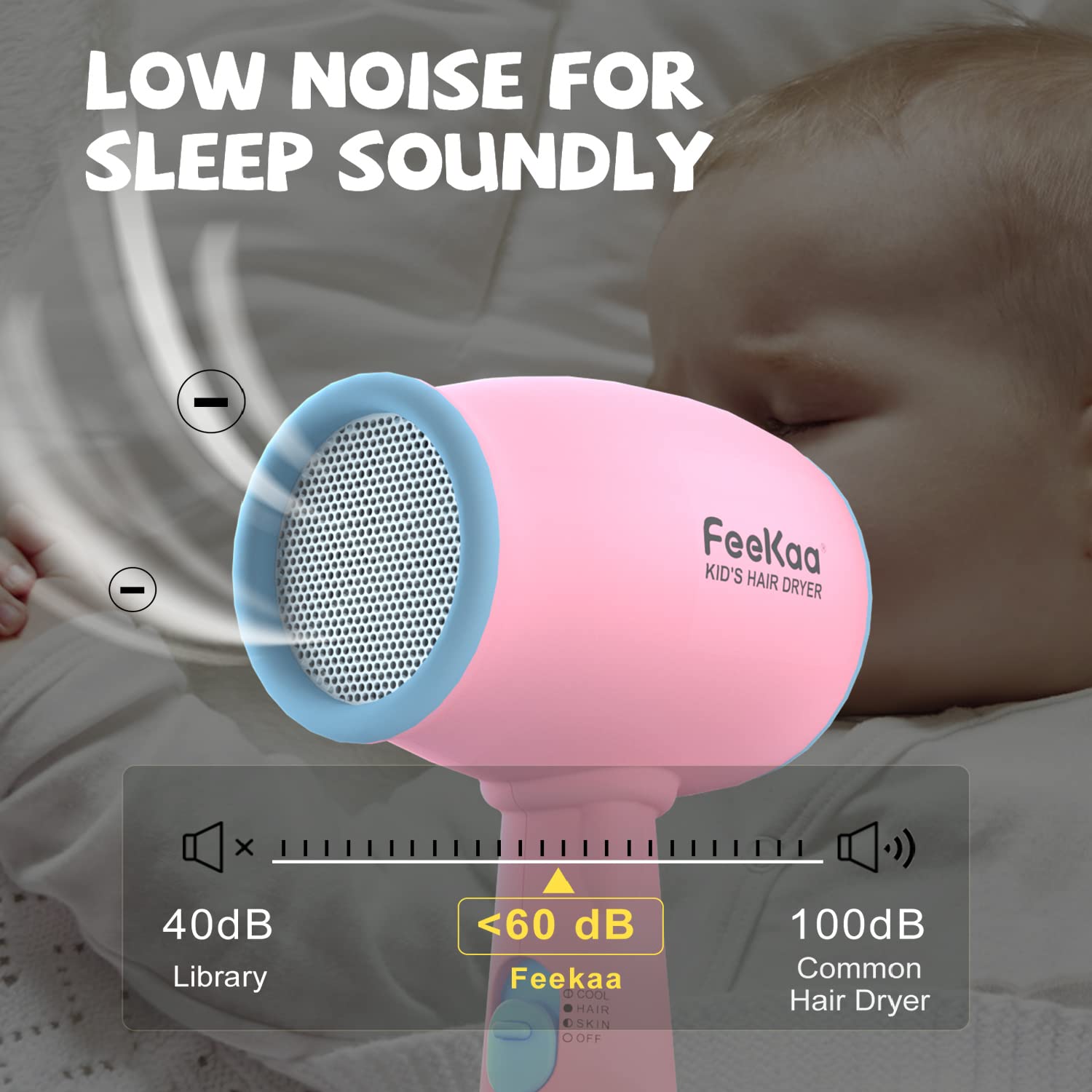 Thermo-control on FeeKaa Kids Hair Dryer with low-heat options