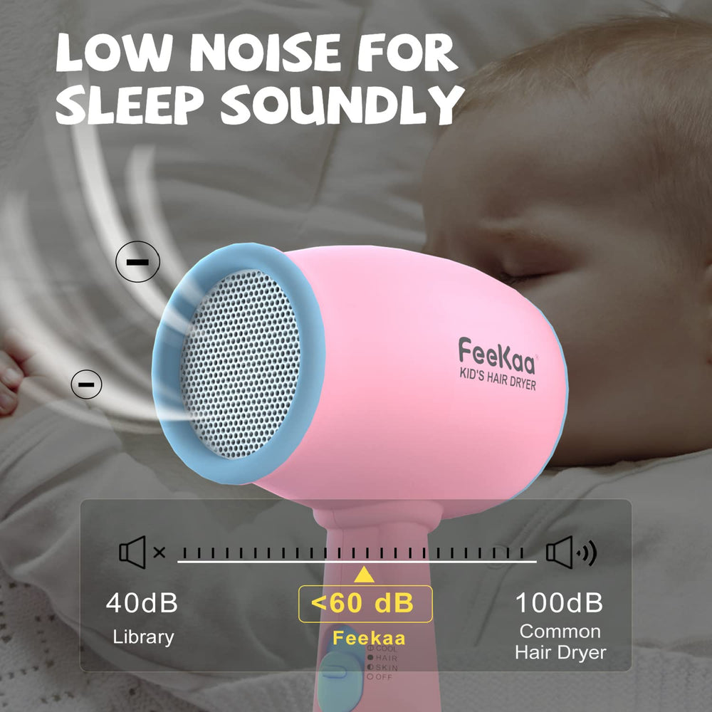 Thermo-control on FeeKaa Kids Hair Dryer with low-heat options