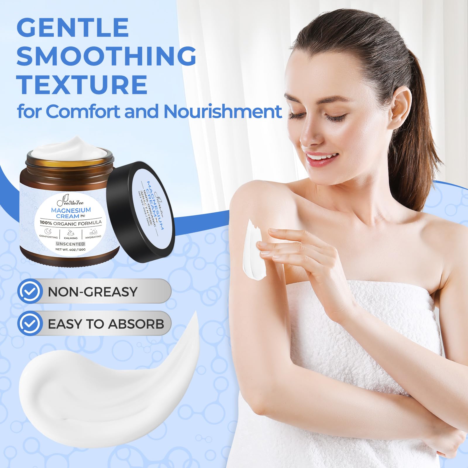 FeeMeFee magnesium lotion featuring shea butter emphasizes deep hydration and softness.