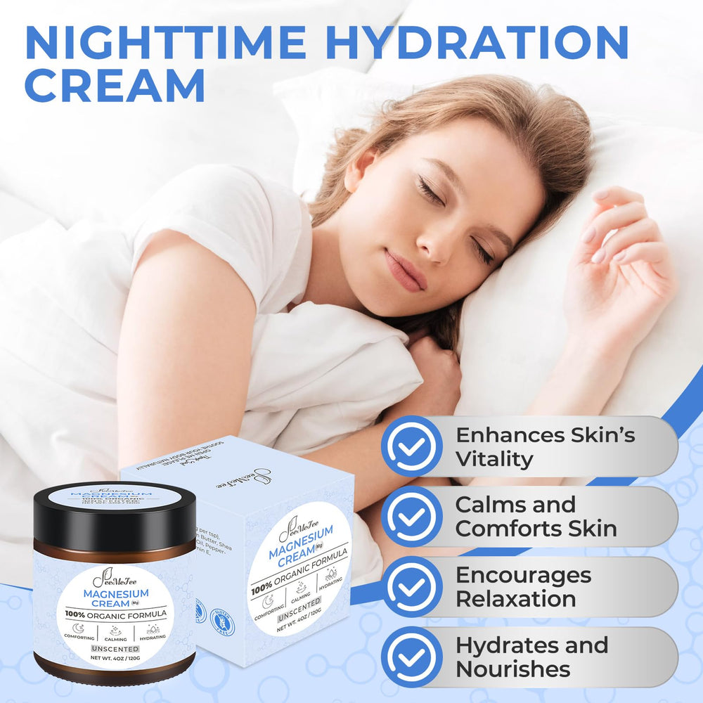 FeeMeFee magnesium lotion sleep jar showcases quick absorption and soothing hydration.