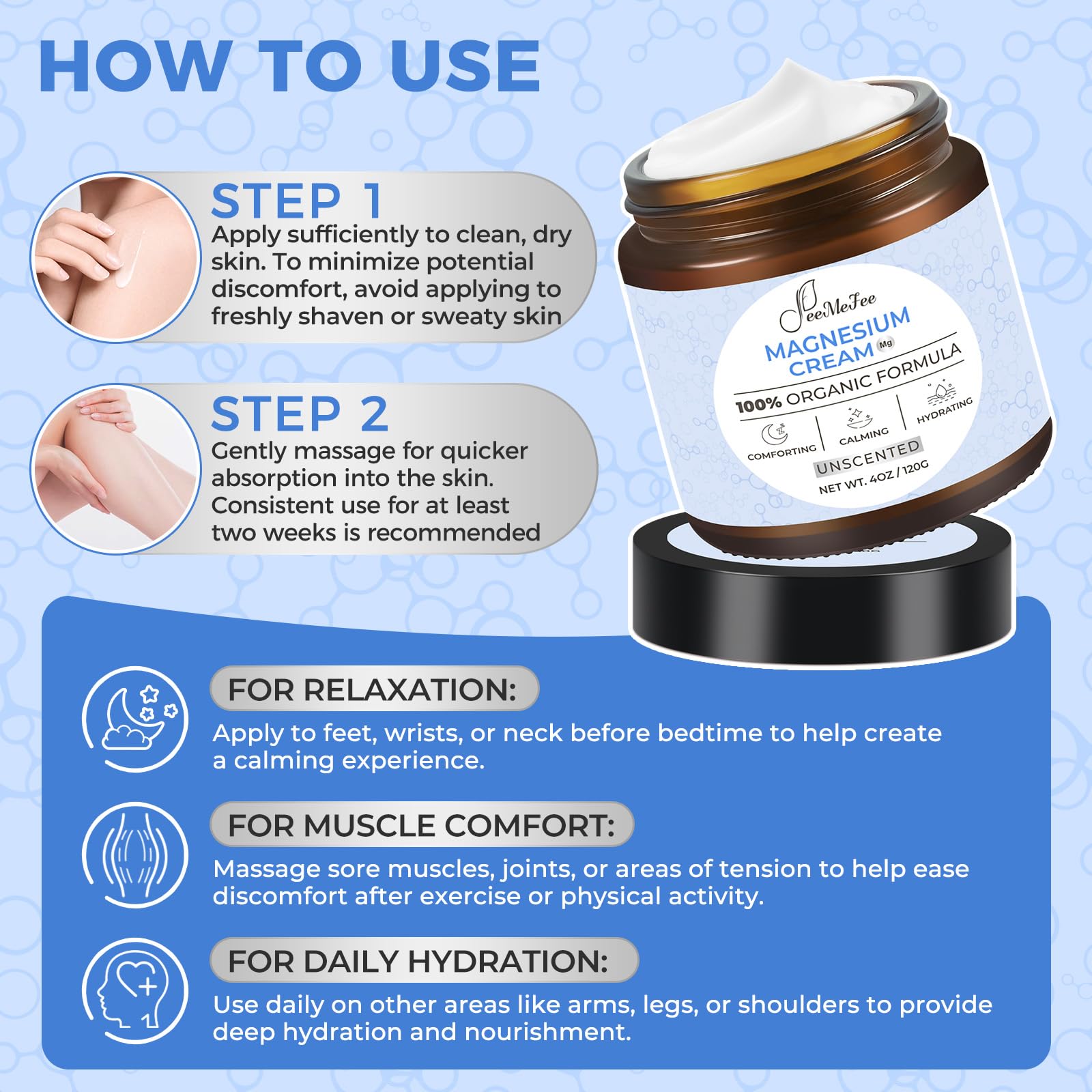 FeeMeFee magnesium lotion enriched with vitamin E for skin nourishment.