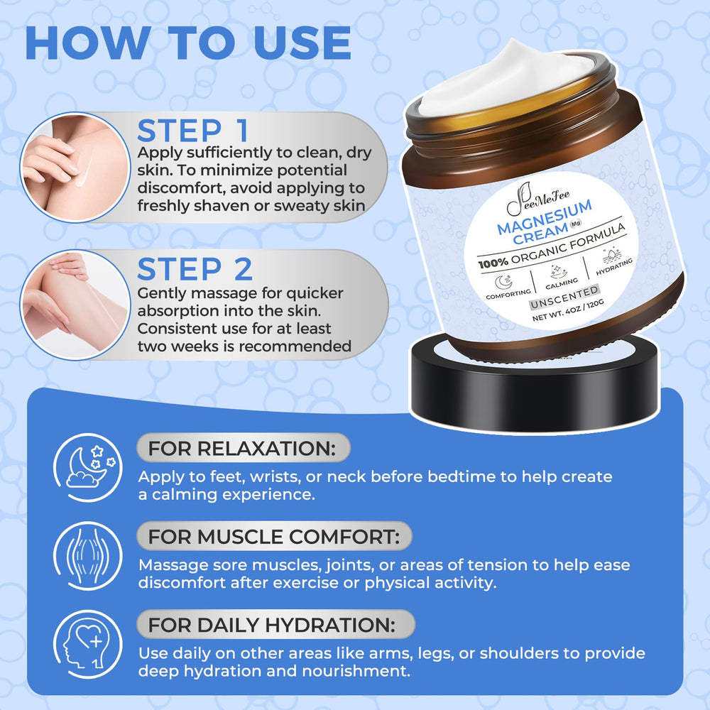 FeeMeFee magnesium lotion enriched with vitamin E for skin nourishment.