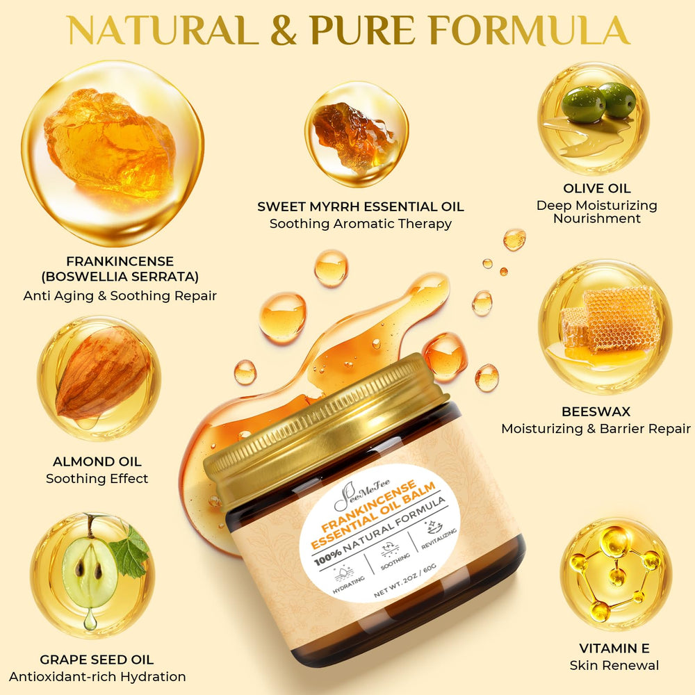 FeeMeFee frankincense balm-beeswax-base texture—protects dry skin with a moisture seal.