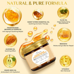 FeeMeFee frankincense balm-beeswax-base texture—protects dry skin with a moisture seal.