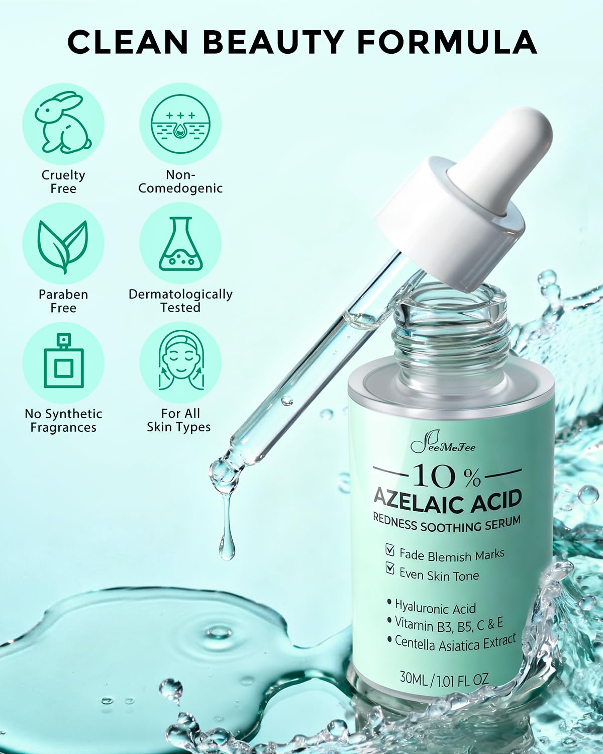 FeeMeFee Azelaic Serum ingredient list closeup emphasizes Centella Asiatica and Hyaluronic Acid