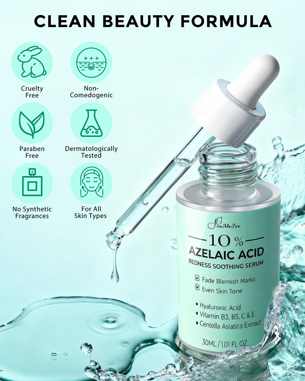 FeeMeFee Azelaic Serum ingredient list closeup emphasizes Centella Asiatica and Hyaluronic Acid