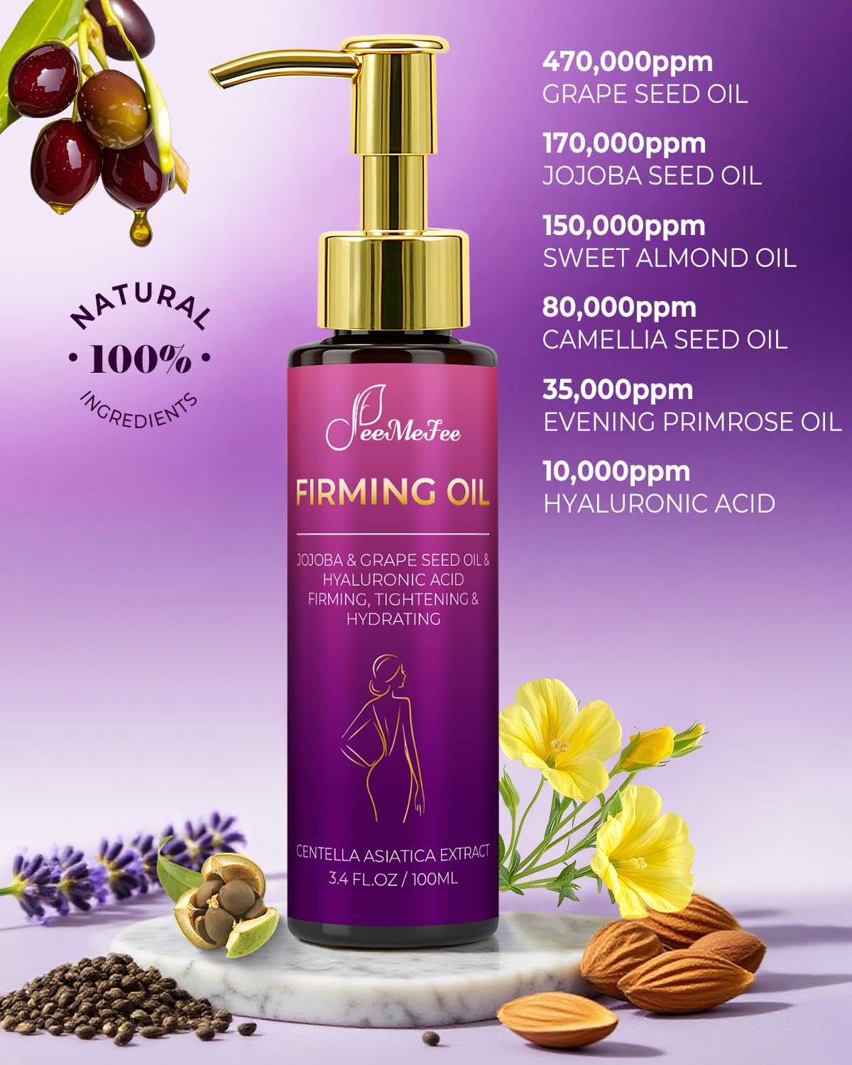 Texture close-up of FeeMeFee Firming Oil shows silky, non-greasy feel