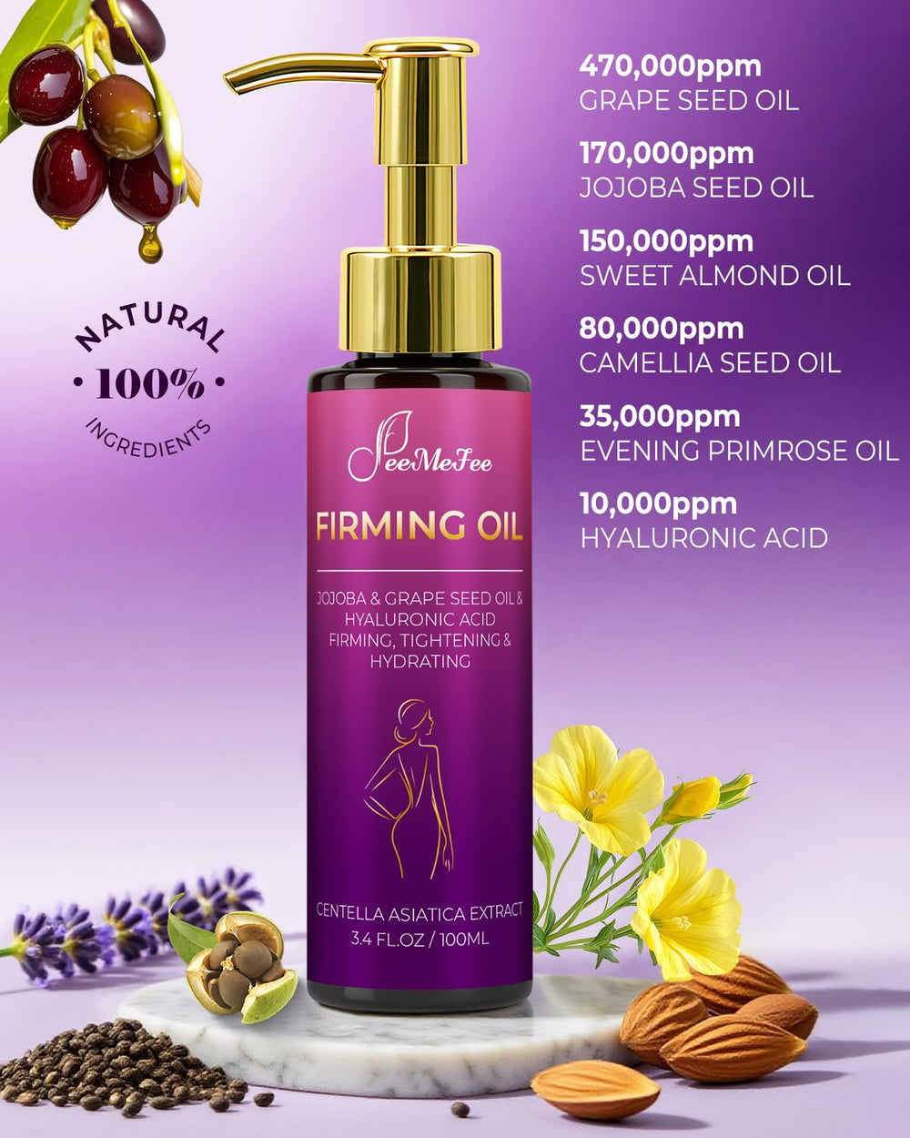 Texture close-up of FeeMeFee Firming Oil shows silky, non-greasy feel