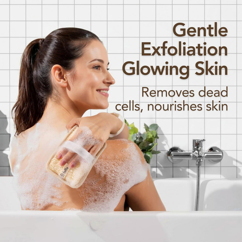 Feffo loofah sponge rich foam helps distribute soap evenly across skin.