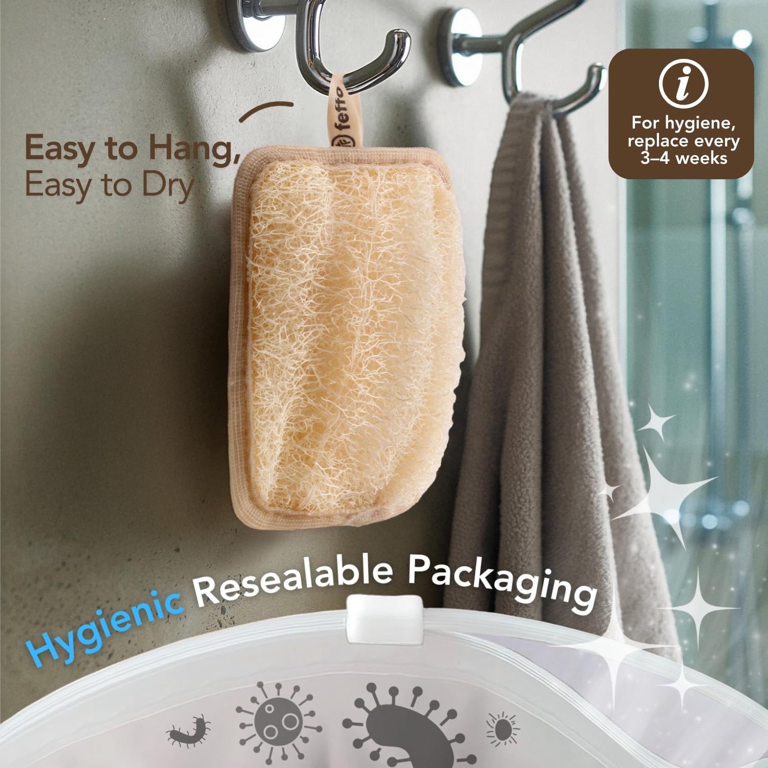 Feffo loofah sponge supports skin renewal and a healthy glow.