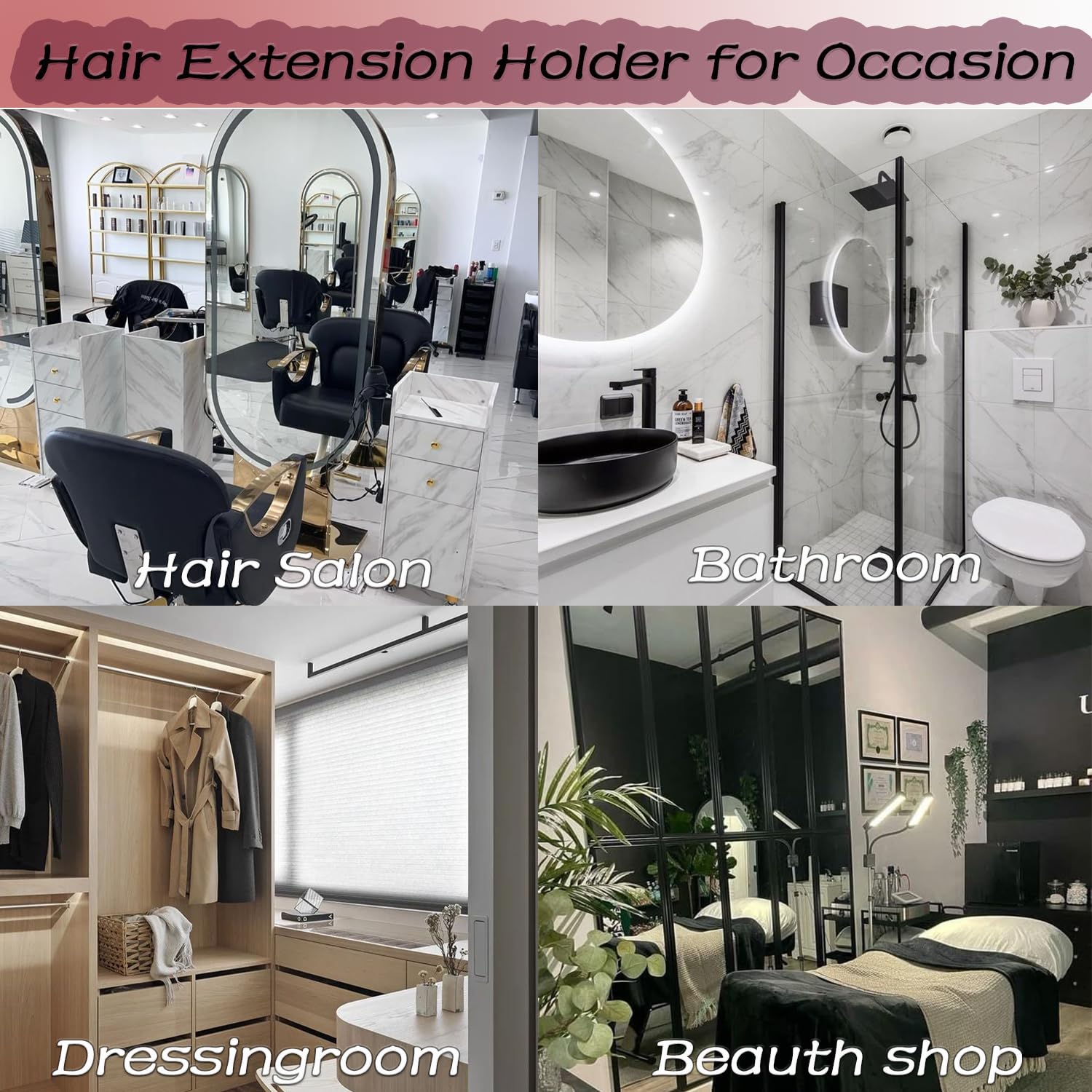 FEHOKA hair extension holder installation methods illustrate four secure mounting options.