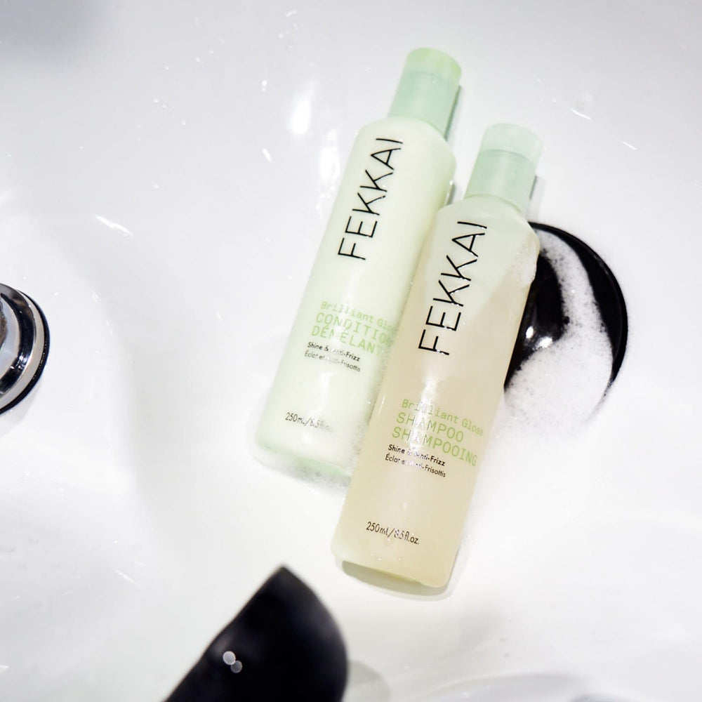 Fekkai Brilliant Gloss Conditioner hair gloss close-up promises 4X shine potential