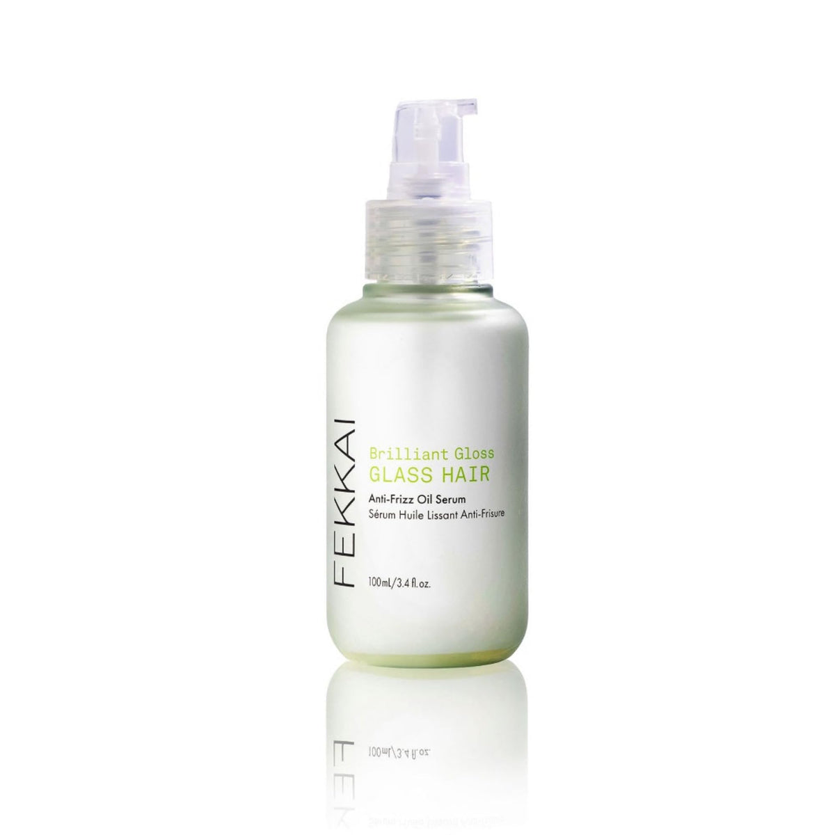 Fekkai Brilliant Gloss Glass Serum Bottle illustrating weightless frizz control and shine