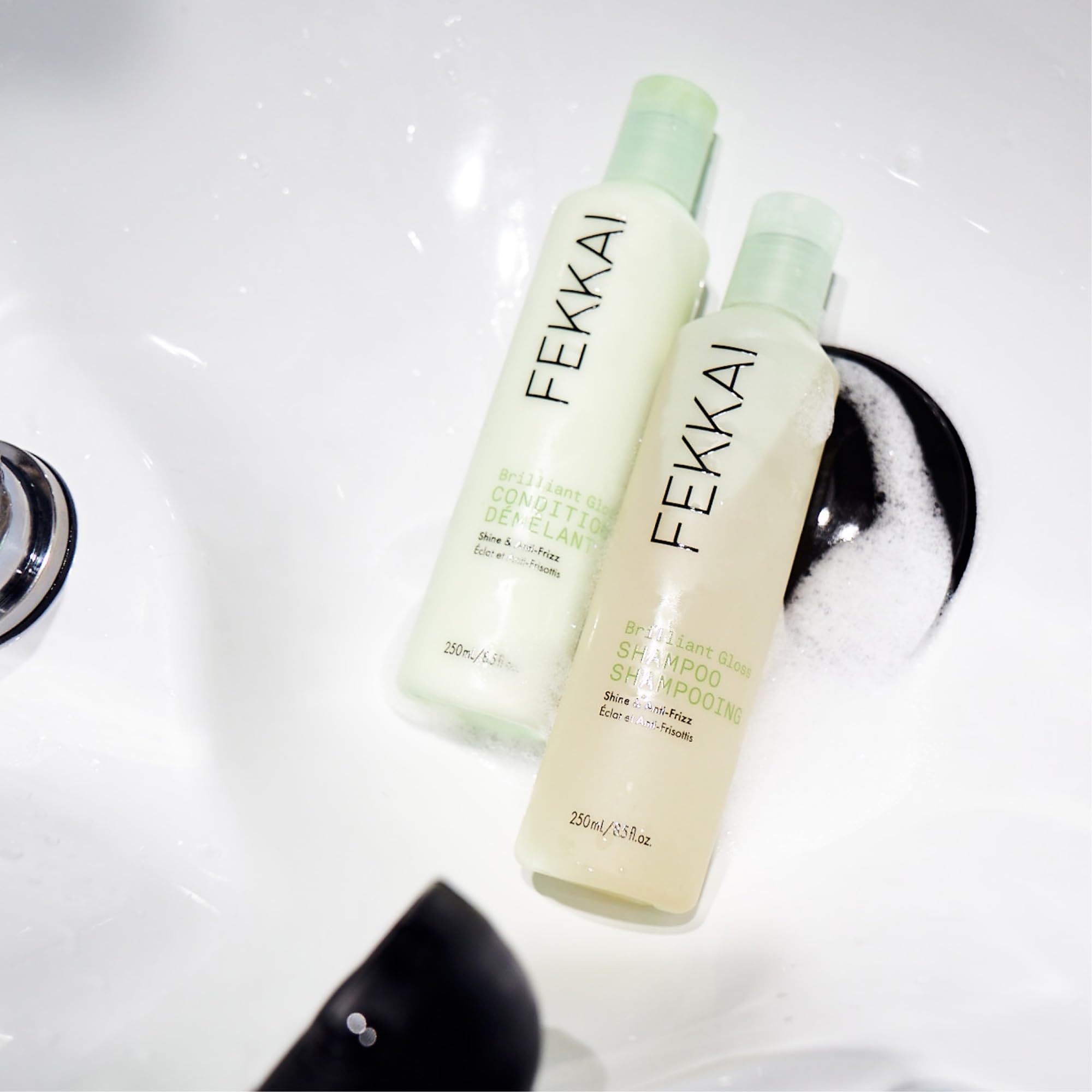 Close-up of creamy lather from Fekkai Brilliant Gloss Shampoo suggests gentle cleansing.