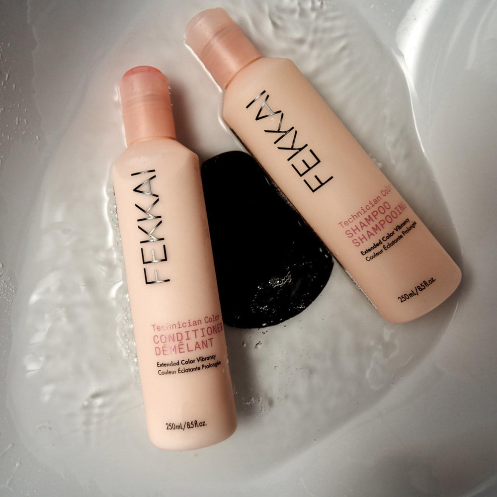 Fekkai Technician Color Conditioner label-closeup highlights color protection and UV-friendly ingredients.