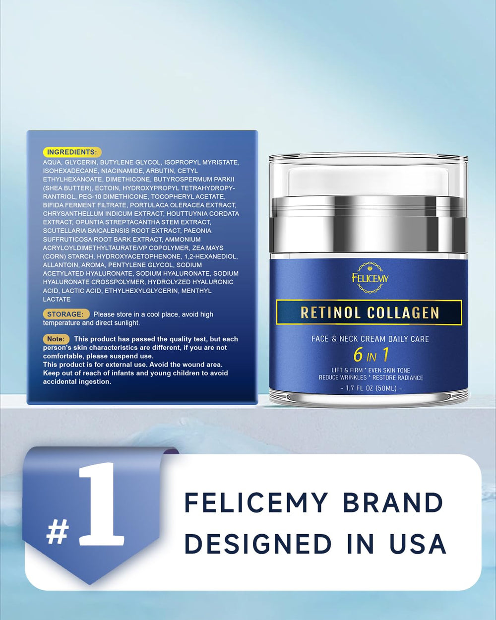 Felicemy 6-in-1 ingredients highlight retinol and hyaluronic acid.