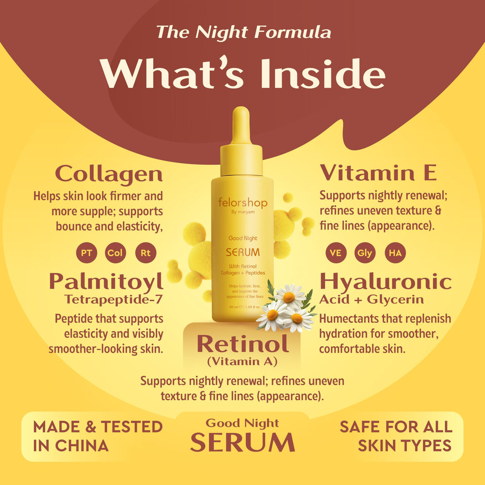 Felor Shop by Maryam Good Night Serum texture close-up shows lightweight non-greasy feel