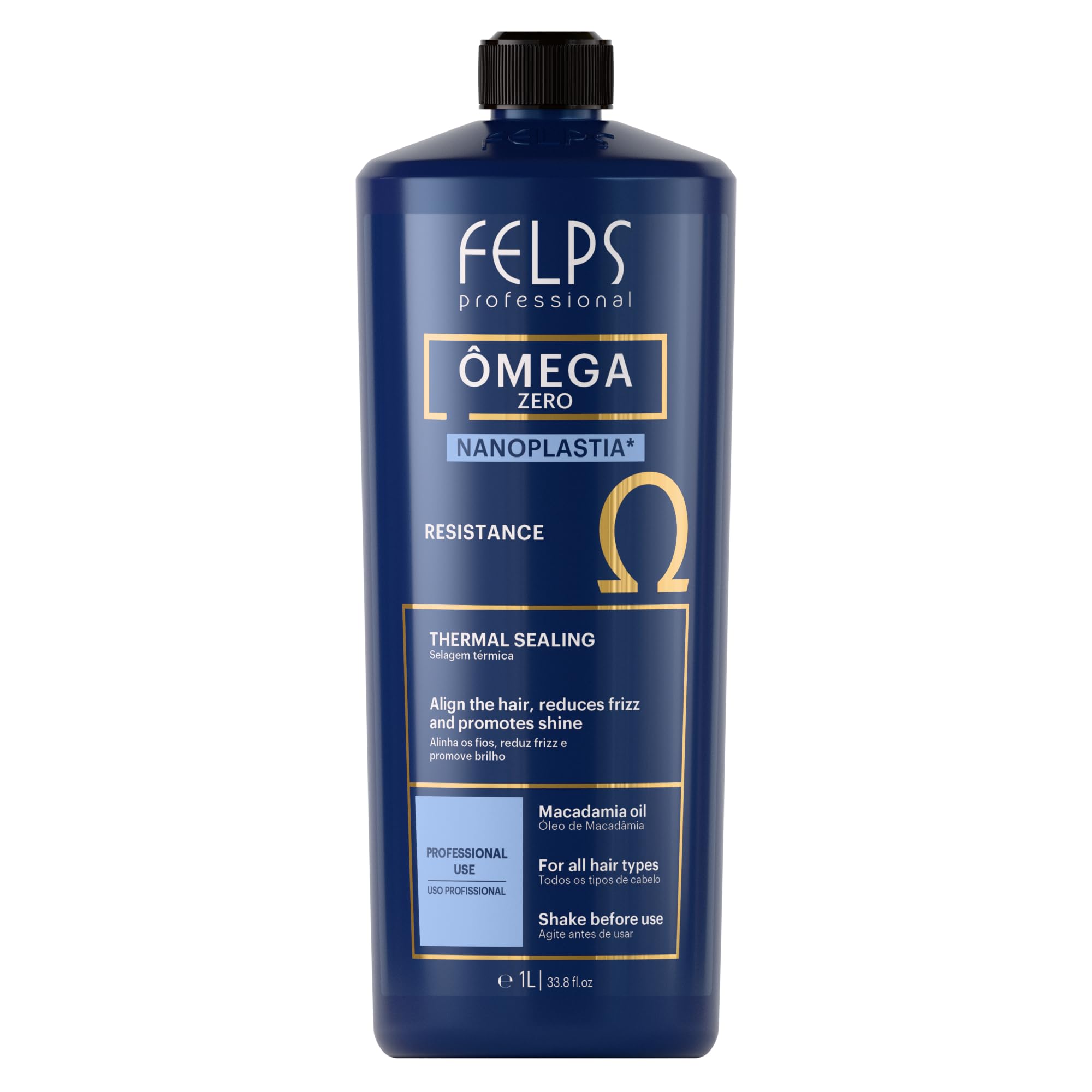 Felps Professional Omega bottle close-up showing a formaldehyde-free smoothing formula.