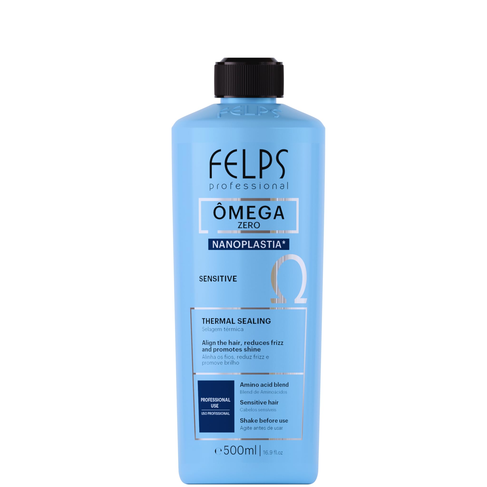 Felps Professional Omega Sensitive bottle close-up for formaldehyde-free smoothing